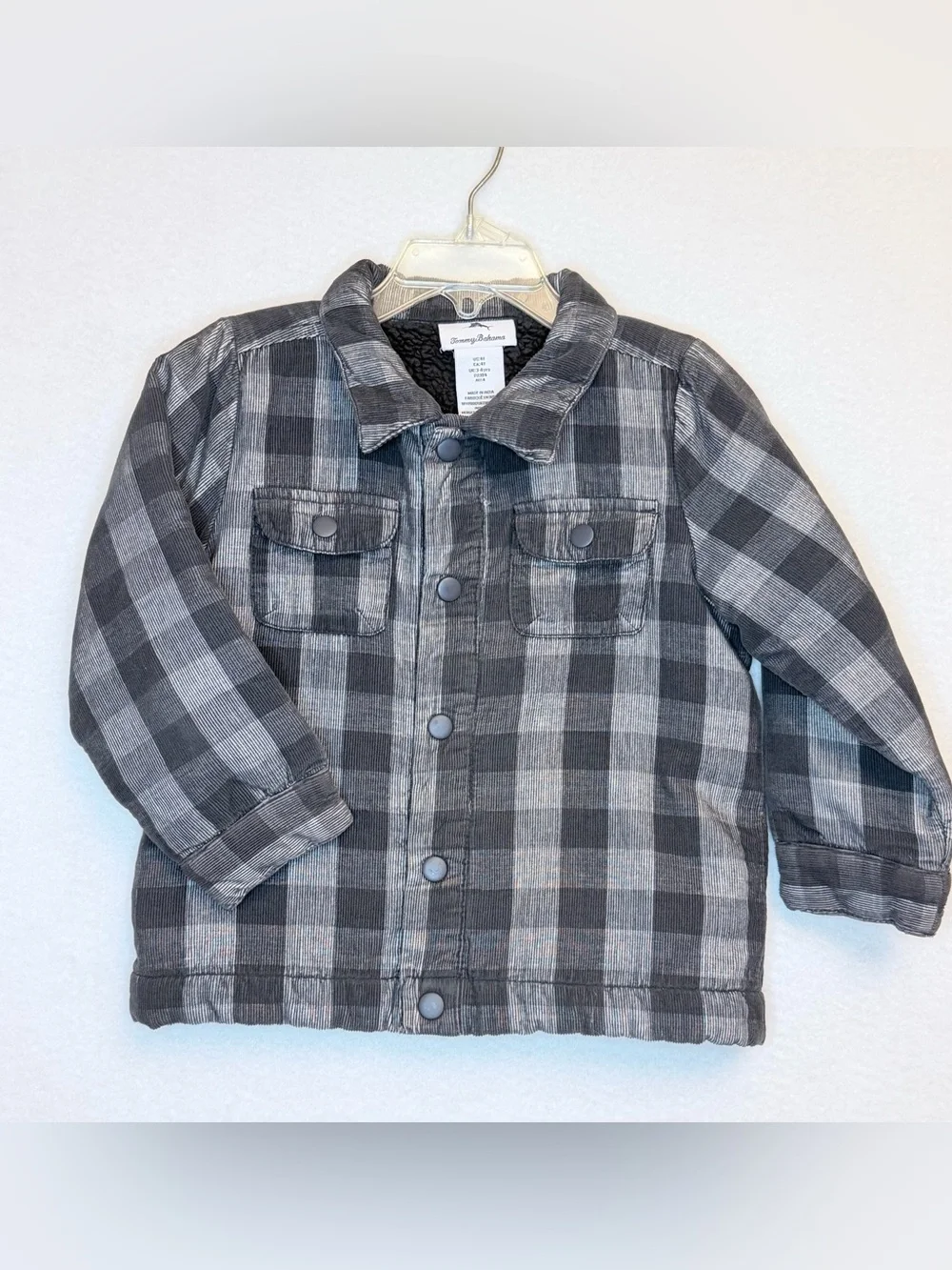 Tommy Bahama Boys 4T Corduroy Plaid Sherpa Lined Cotton Jacket Gray Black Fall